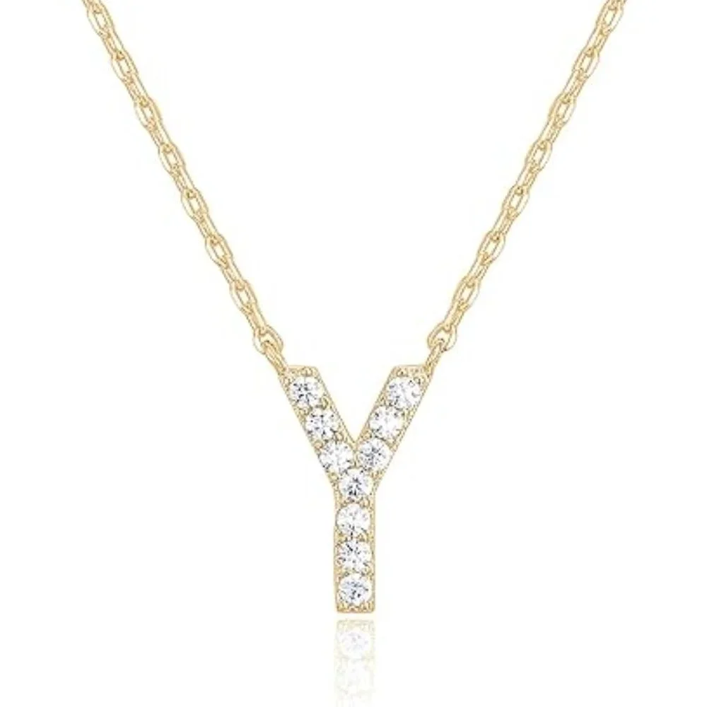 14K Yellow Gold Initial Necklace Letter Dainty Diamond Gift Present P - Z